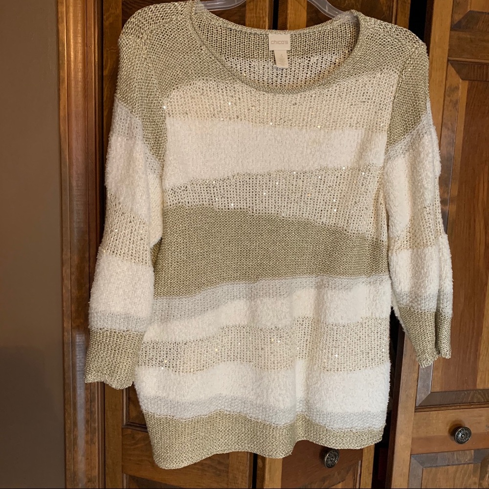 Chico’s size 3 sparkly white cream gold sweater
